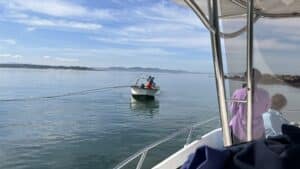 Bateas durante una ruta del mejillón por la Ría de Arousa